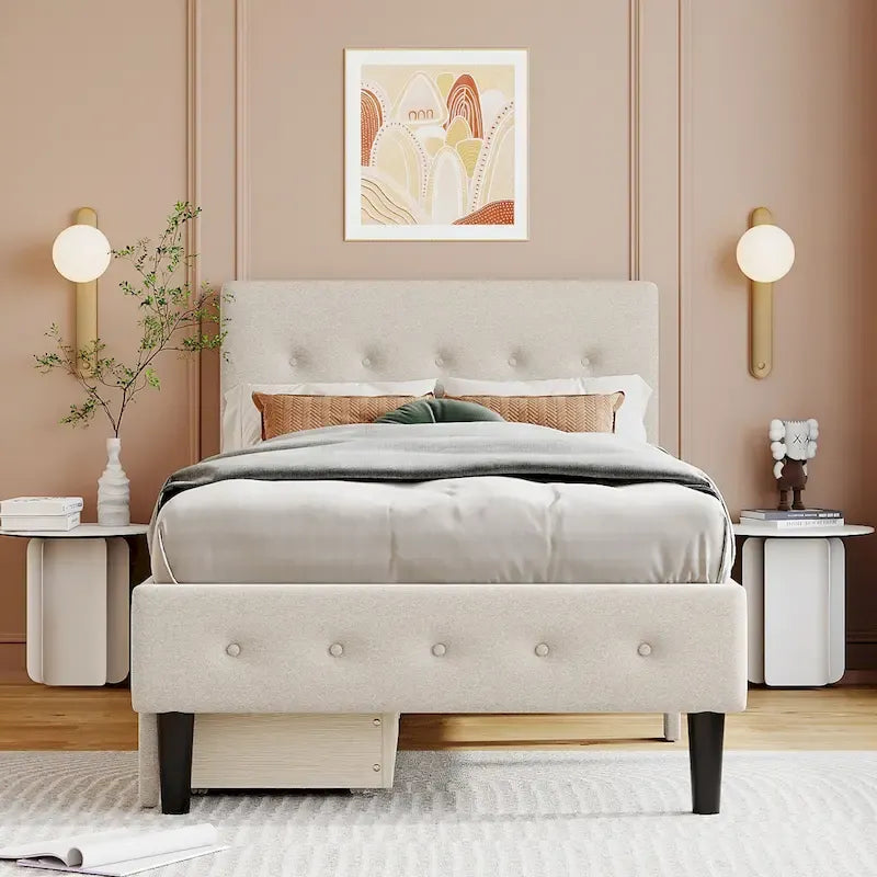 Letto a piattaforma singolo imbottito matrimoniale grigio/beige con 2 cassetti e testiera trapuntata
