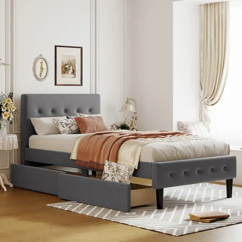Letto a piattaforma singolo imbottito matrimoniale grigio/beige con 2 cassetti e testiera trapuntata
