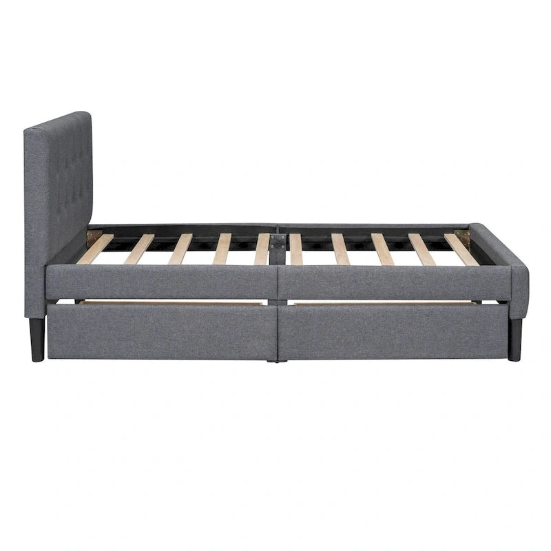 Letto a piattaforma singolo imbottito matrimoniale grigio/beige con 2 cassetti e testiera trapuntata