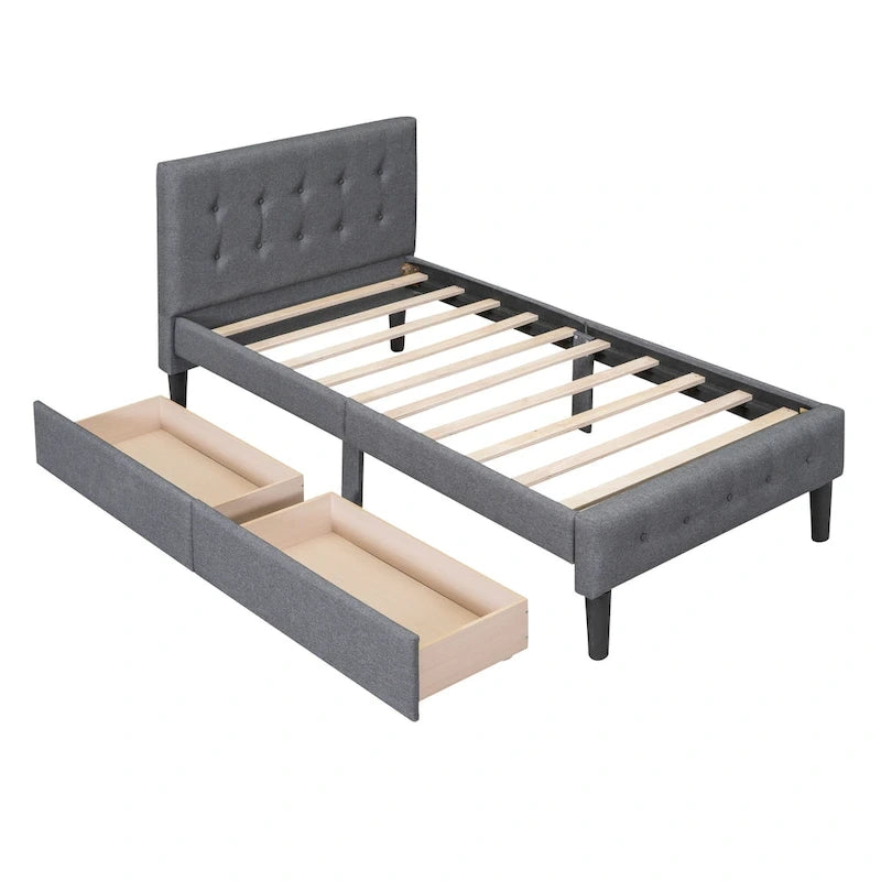 Letto a piattaforma singolo imbottito matrimoniale grigio/beige con 2 cassetti e testiera trapuntata