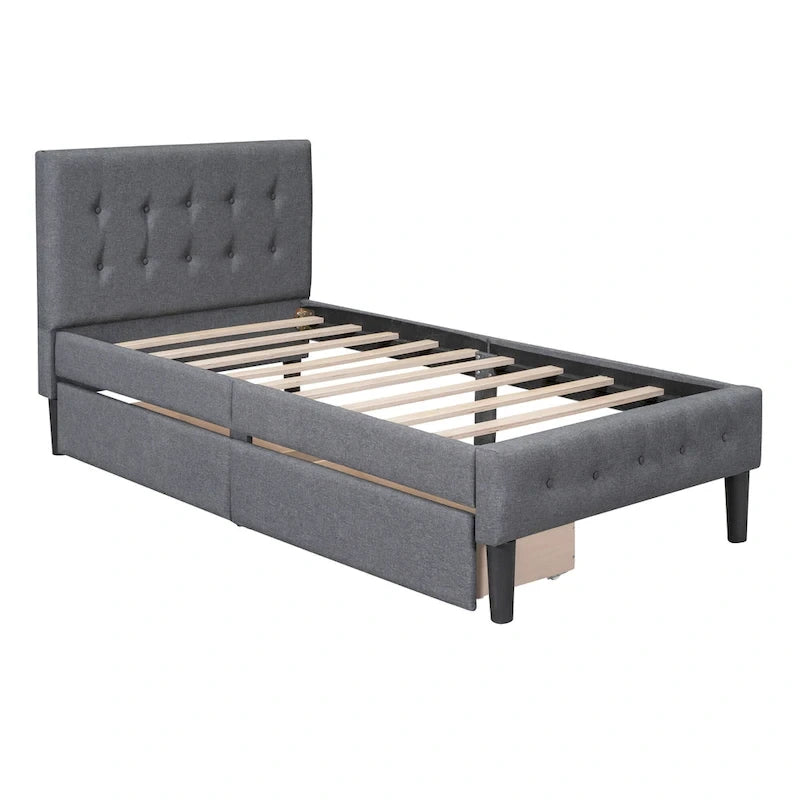 Letto a piattaforma singolo imbottito matrimoniale grigio/beige con 2 cassetti e testiera trapuntata