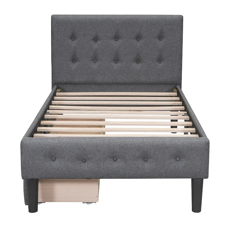 Letto a piattaforma singolo imbottito matrimoniale grigio/beige con 2 cassetti e testiera trapuntata