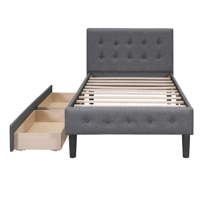 Letto a piattaforma singolo imbottito matrimoniale grigio/beige con 2 cassetti e testiera trapuntata