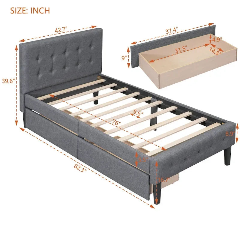 Letto a piattaforma singolo imbottito matrimoniale grigio/beige con 2 cassetti e testiera trapuntata
