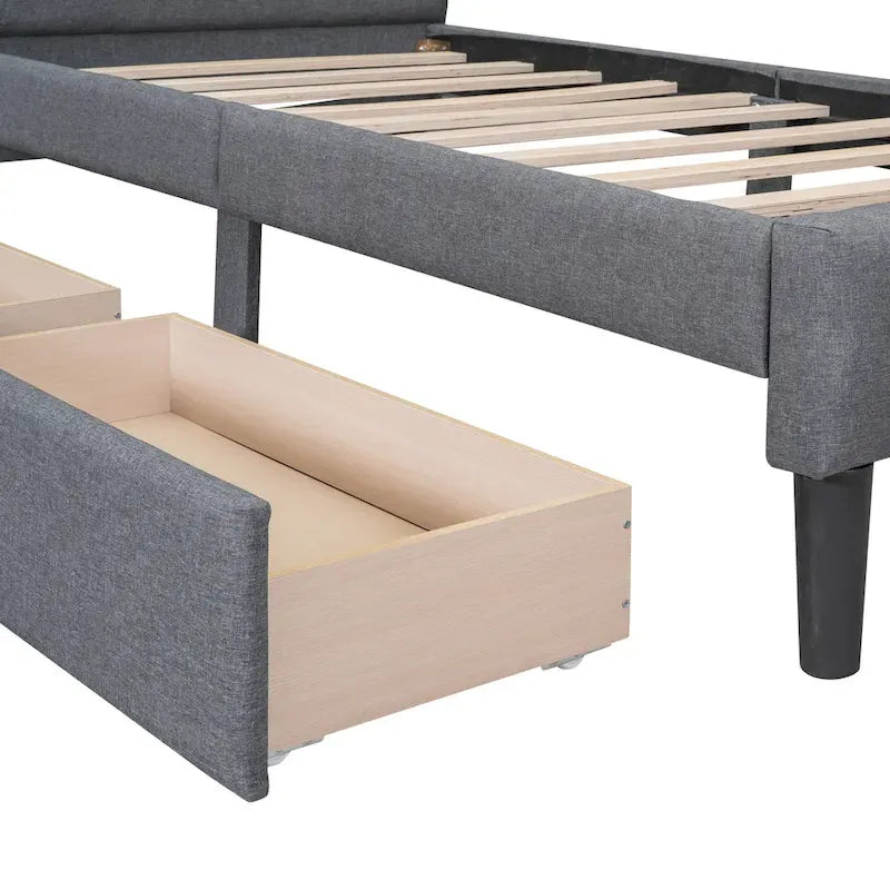 Letto a piattaforma singolo imbottito matrimoniale grigio/beige con 2 cassetti e testiera trapuntata