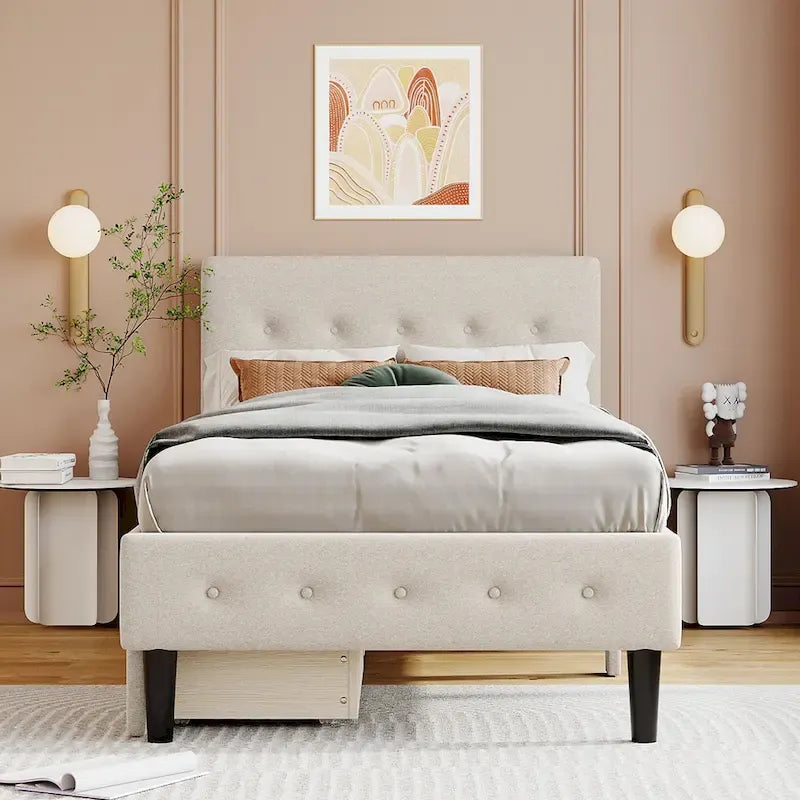 Letto a piattaforma singolo imbottito matrimoniale grigio/beige con 2 cassetti e testiera trapuntata