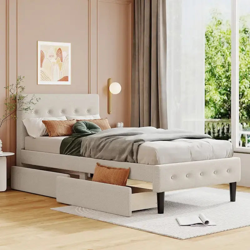 Letto a piattaforma singolo imbottito matrimoniale grigio/beige con 2 cassetti e testiera trapuntata