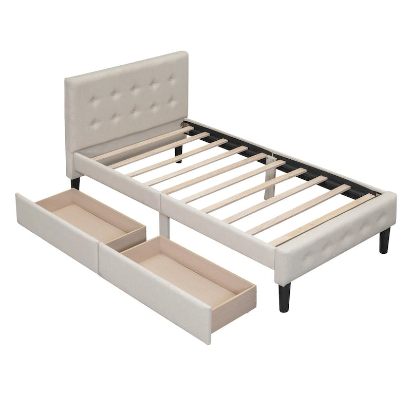 Letto a piattaforma singolo imbottito matrimoniale grigio/beige con 2 cassetti e testiera trapuntata