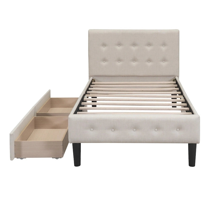 Letto a piattaforma singolo imbottito matrimoniale grigio/beige con 2 cassetti e testiera trapuntata