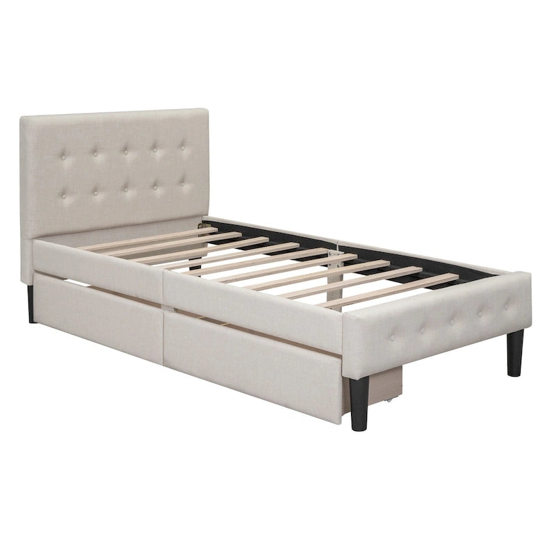 Letto a piattaforma singolo imbottito matrimoniale grigio/beige con 2 cassetti e testiera trapuntata