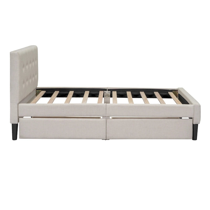 Letto a piattaforma singolo imbottito matrimoniale grigio/beige con 2 cassetti e testiera trapuntata