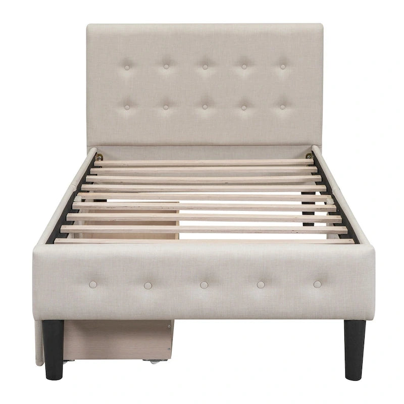 Letto a piattaforma singolo imbottito matrimoniale grigio/beige con 2 cassetti e testiera trapuntata