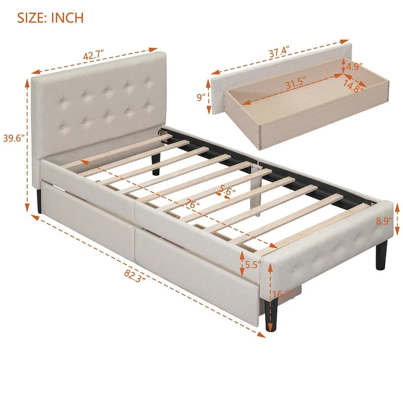 Letto a piattaforma singolo imbottito matrimoniale grigio/beige con 2 cassetti e testiera trapuntata