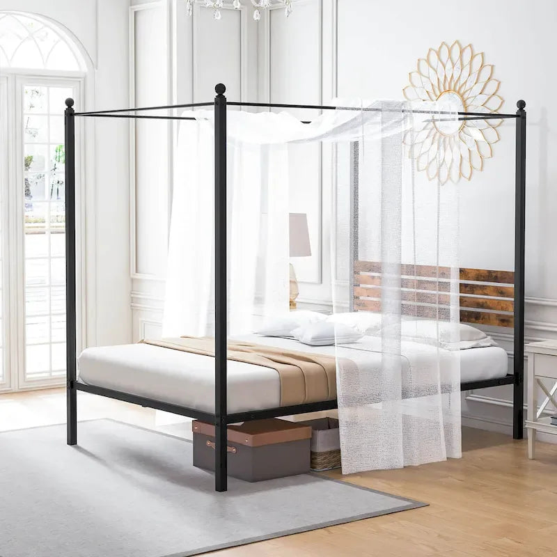 Struttura Letto a Baldacchino 4 Montanti in Metallo Marrone Ruggine e Nero – Singolo / Matrimoniale / Queen