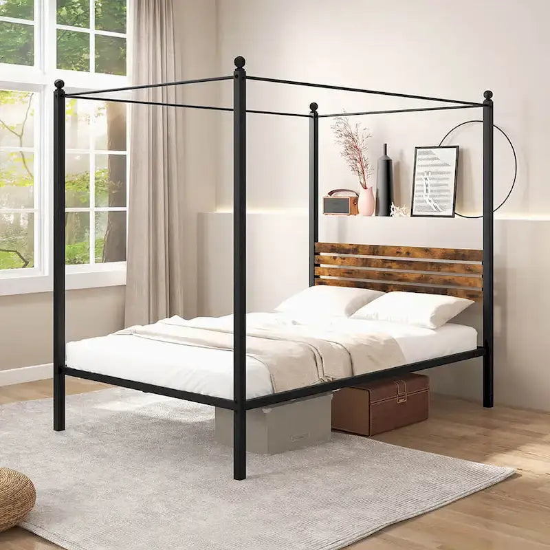 Struttura Letto a Baldacchino 4 Montanti in Metallo Marrone Ruggine e Nero – Singolo / Matrimoniale / Queen