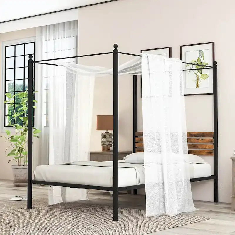 Struttura Letto a Baldacchino 4 Montanti in Metallo Marrone Ruggine e Nero – Singolo / Matrimoniale / Queen