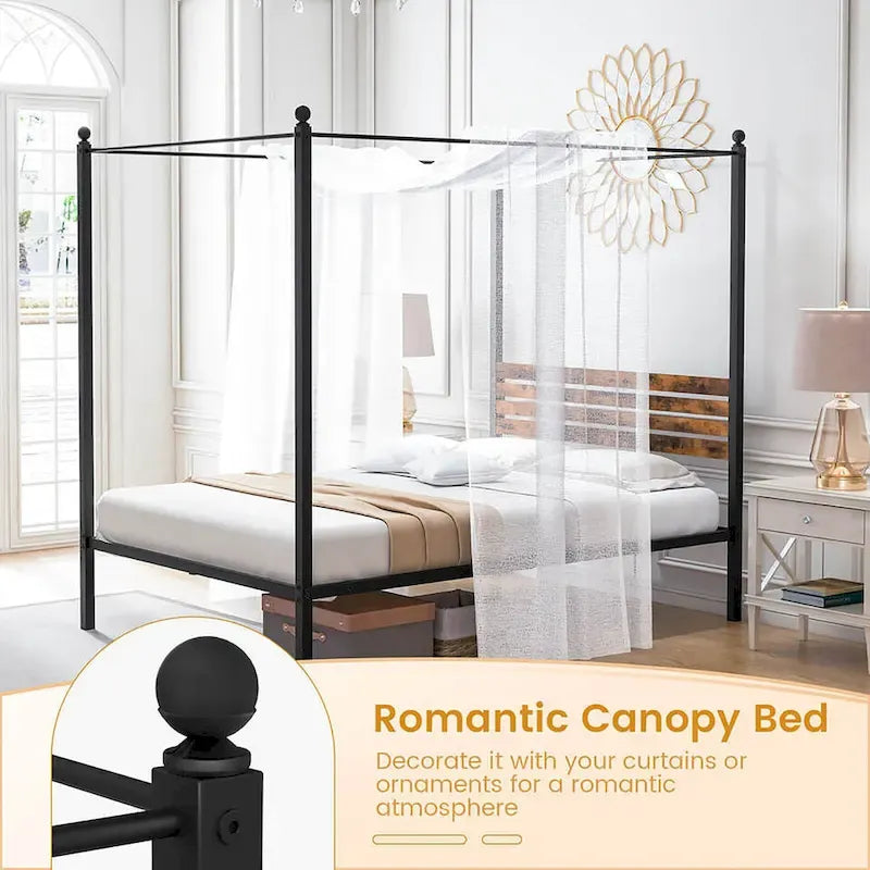 Struttura Letto a Baldacchino 4 Montanti in Metallo Marrone Ruggine e Nero – Singolo / Matrimoniale / Queen