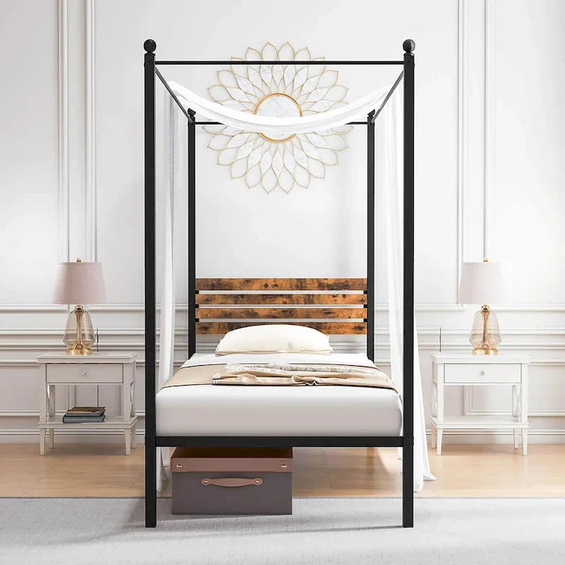 Struttura Letto a Baldacchino 4 Montanti in Metallo Marrone Ruggine e Nero – Singolo / Matrimoniale / Queen