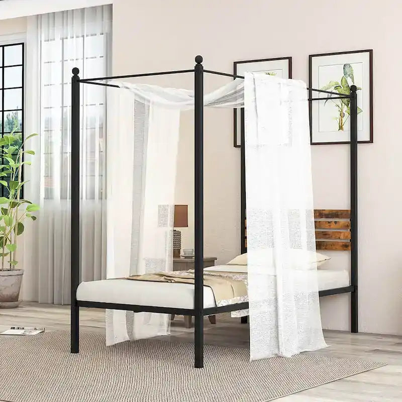 Struttura Letto a Baldacchino 4 Montanti in Metallo Marrone Ruggine e Nero – Singolo / Matrimoniale / Queen