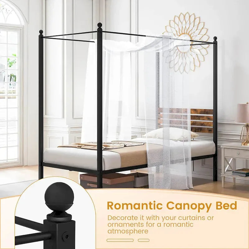 Struttura Letto a Baldacchino 4 Montanti in Metallo Marrone Ruggine e Nero – Singolo / Matrimoniale / Queen