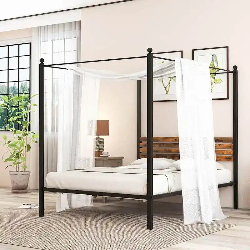 Struttura Letto a Baldacchino 4 Montanti in Metallo Marrone Ruggine e Nero – Singolo / Matrimoniale / Queen