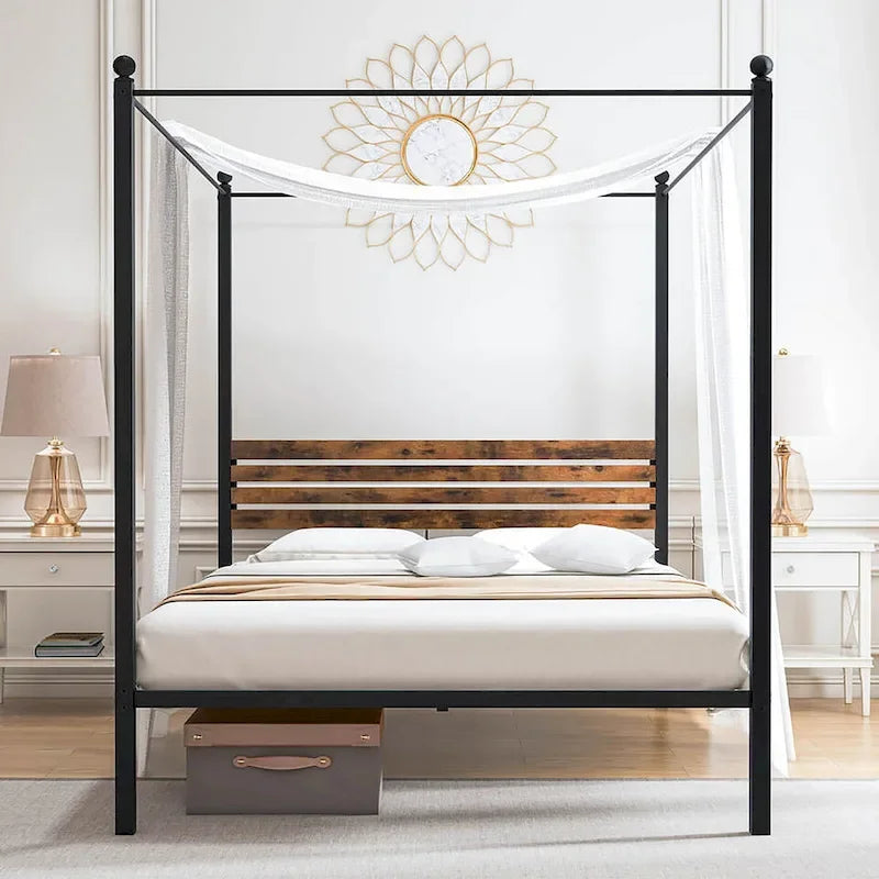 Struttura Letto a Baldacchino 4 Montanti in Metallo Marrone Ruggine e Nero – Singolo / Matrimoniale / Queen