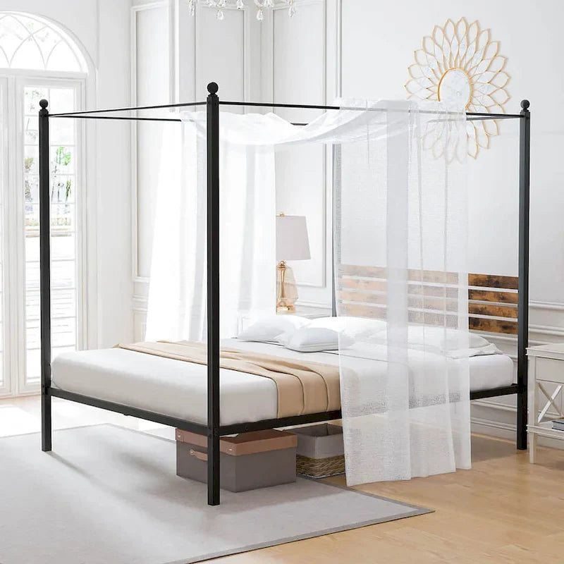 Struttura Letto a Baldacchino 4 Montanti in Metallo Marrone Ruggine e Nero – Singolo / Matrimoniale / Queen