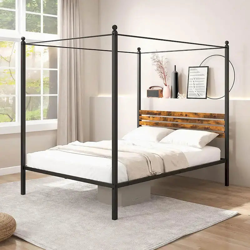 Struttura Letto a Baldacchino 4 Montanti in Metallo Marrone Ruggine e Nero – Singolo / Matrimoniale / Queen
