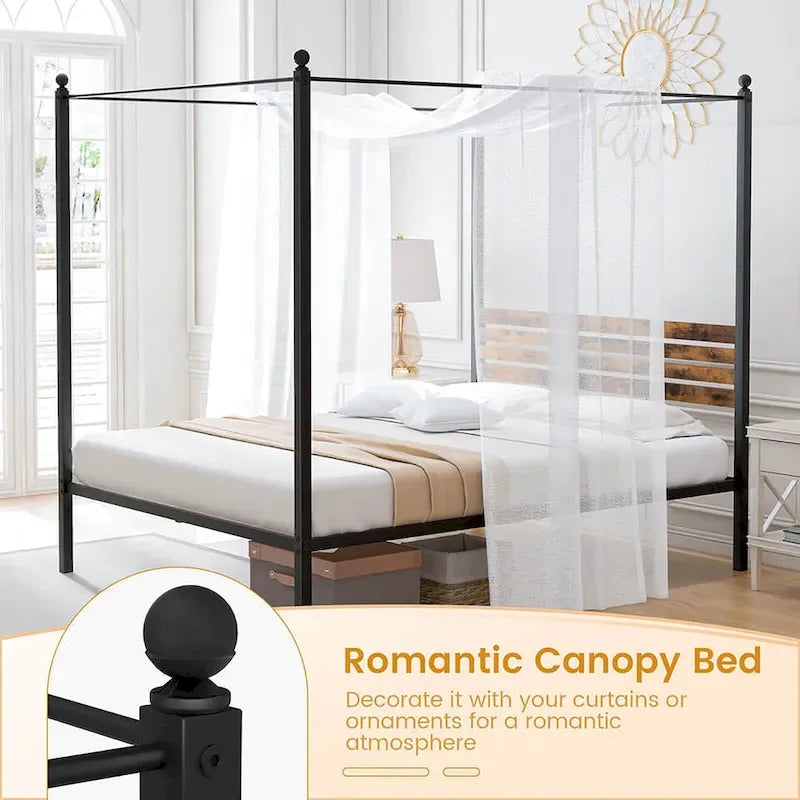 Struttura Letto a Baldacchino 4 Montanti in Metallo Marrone Ruggine e Nero – Singolo / Matrimoniale / Queen