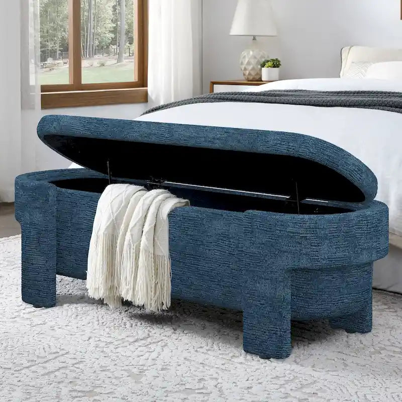 Panca Contenitore in Lino, Blu Scuro / Giallo / Beige, Stile Metà Secolo, 1 Posto