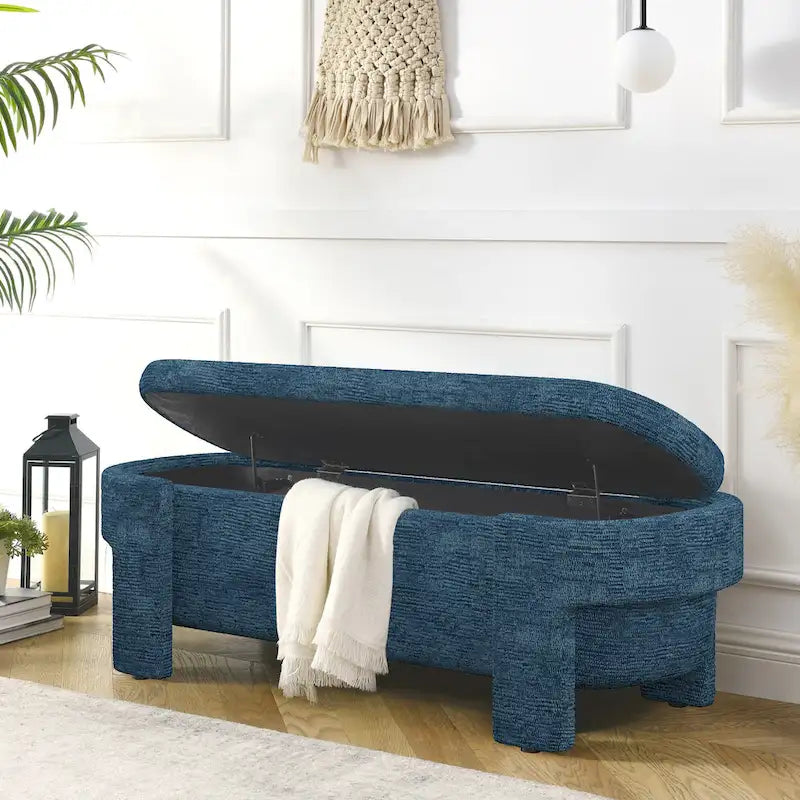 Panca Contenitore in Lino, Blu Scuro / Giallo / Beige, Stile Metà Secolo, 1 Posto