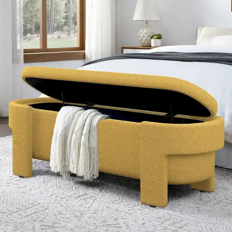 Panca Contenitore in Lino, Blu Scuro / Giallo / Beige, Stile Metà Secolo, 1 Posto