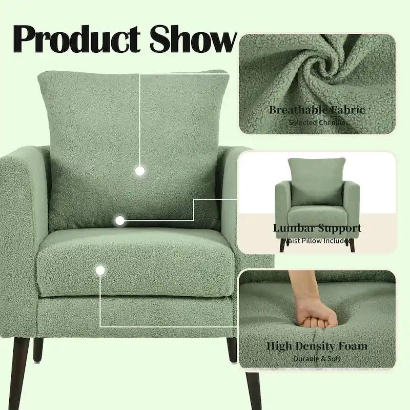 Poltrona a botte – Tessuto in pile, gambe in legno massello, 1-2 posti (Beige / Verde acqua / Verde / Bianco / Verde oliva)