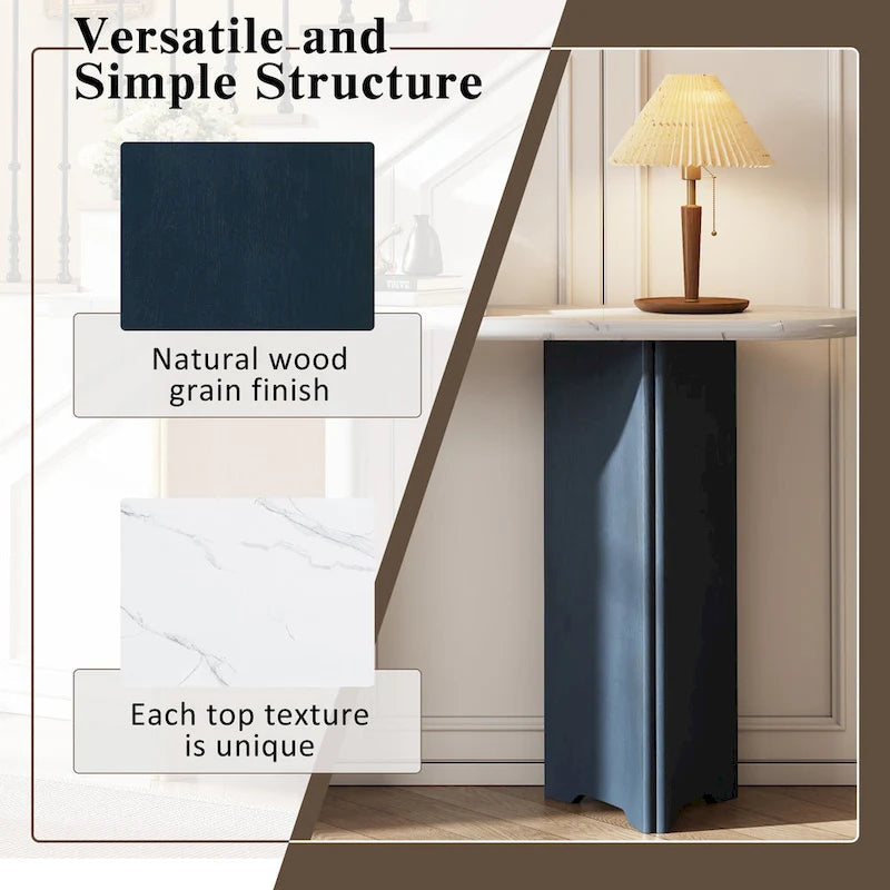 Consolle con piano in marmo ovale bianco/espresso/navy, divano con gambe curve e tavolo da ingresso