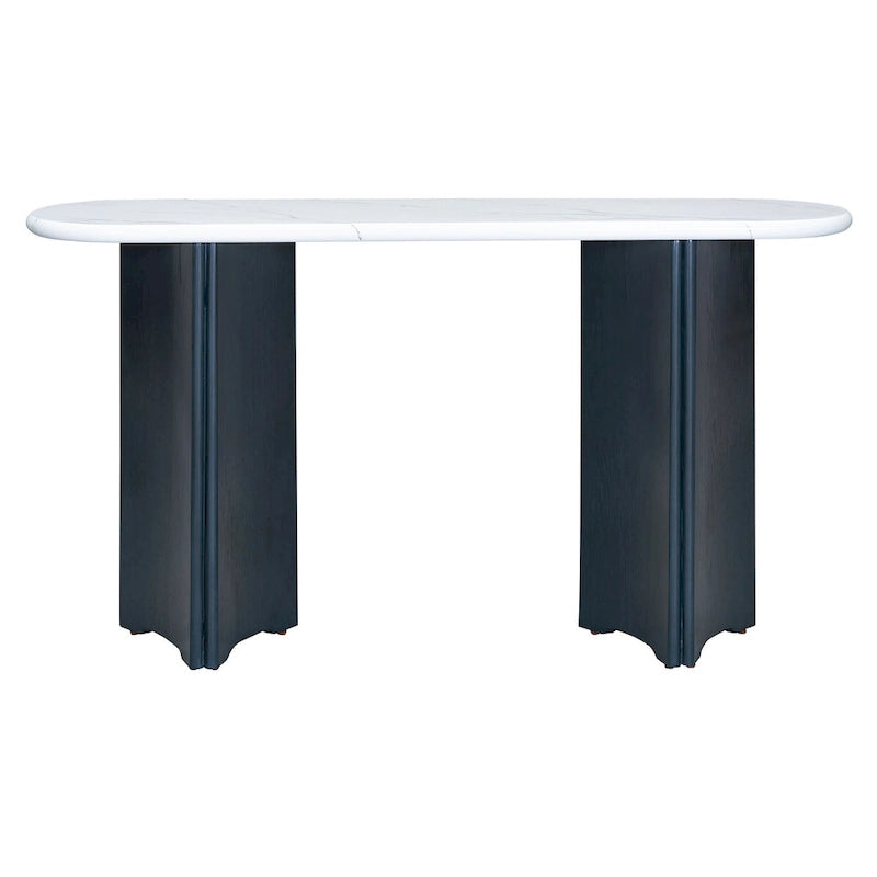 Consolle con piano in marmo ovale bianco/espresso/navy, divano con gambe curve e tavolo da ingresso