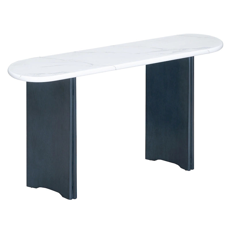 Consolle con piano in marmo ovale bianco/espresso/navy, divano con gambe curve e tavolo da ingresso