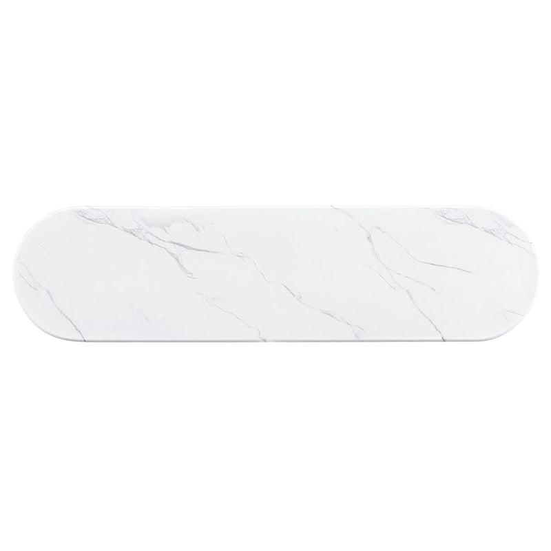 Consolle con piano in marmo ovale bianco/espresso/navy, divano con gambe curve e tavolo da ingresso