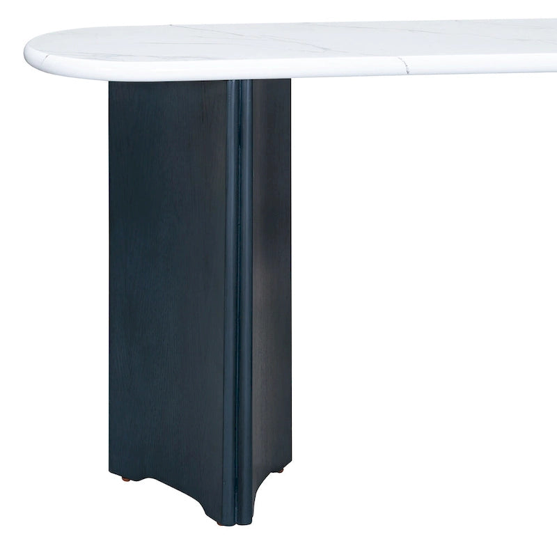 Consolle con piano in marmo ovale bianco/espresso/navy, divano con gambe curve e tavolo da ingresso