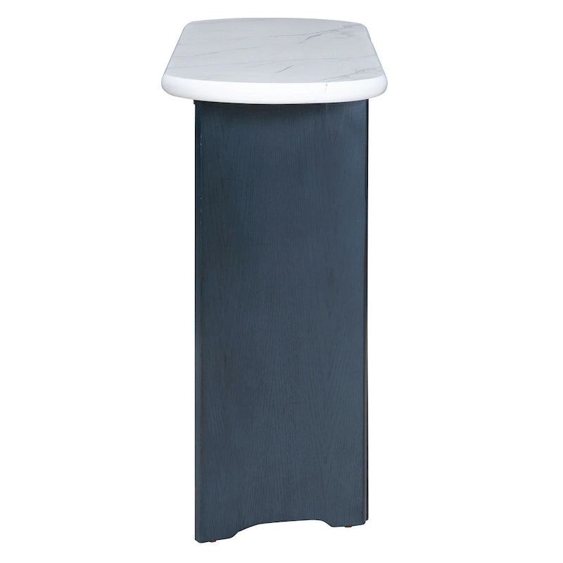 Consolle con piano in marmo ovale bianco/espresso/navy, divano con gambe curve e tavolo da ingresso