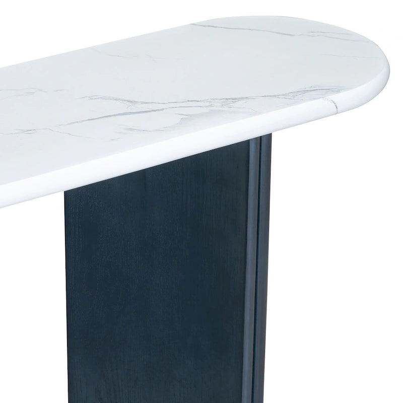 Consolle con piano in marmo ovale bianco/espresso/navy, divano con gambe curve e tavolo da ingresso