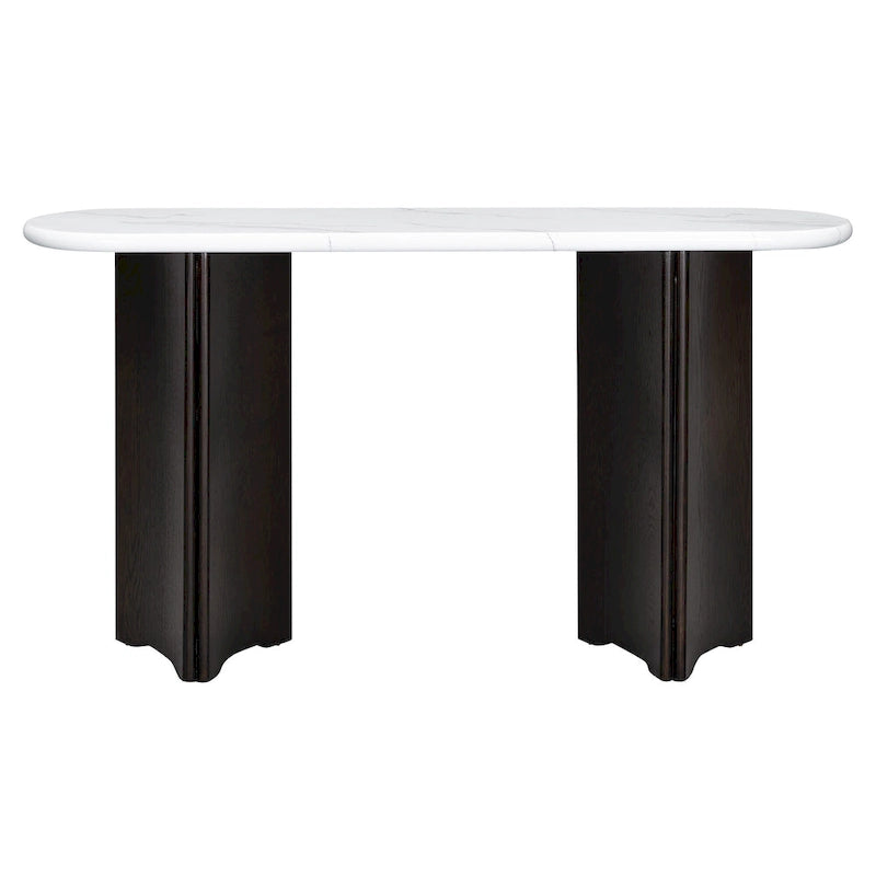 Consolle con piano in marmo ovale bianco/espresso/navy, divano con gambe curve e tavolo da ingresso