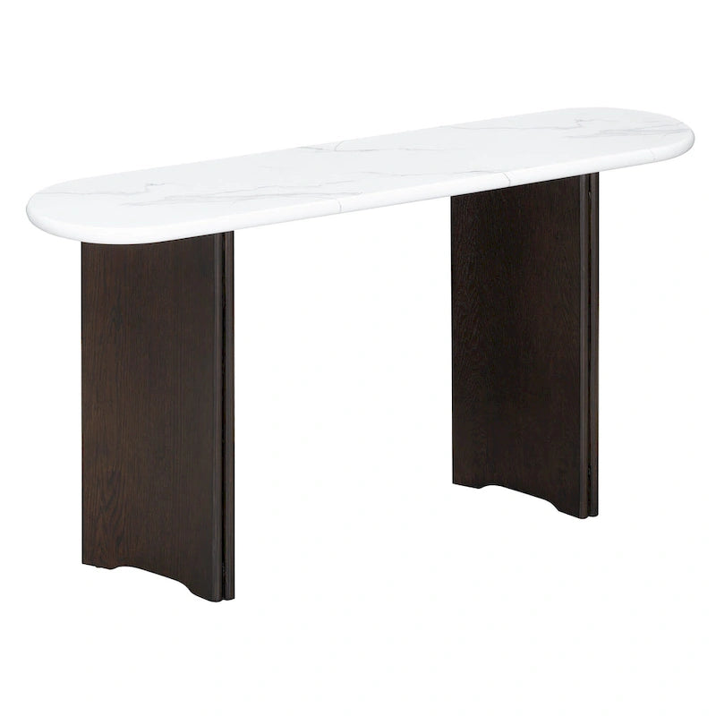 Consolle con piano in marmo ovale bianco/espresso/navy, divano con gambe curve e tavolo da ingresso