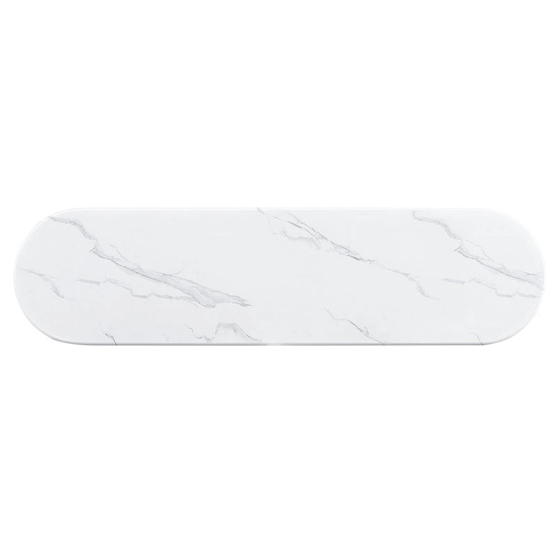 Consolle con piano in marmo ovale bianco/espresso/navy, divano con gambe curve e tavolo da ingresso