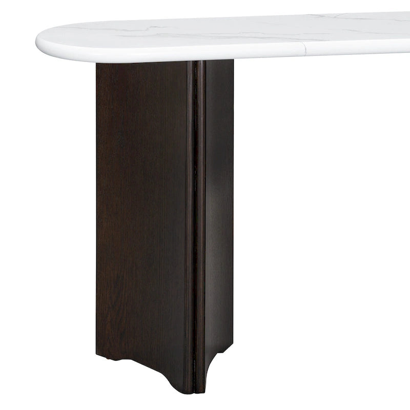 Consolle con piano in marmo ovale bianco/espresso/navy, divano con gambe curve e tavolo da ingresso