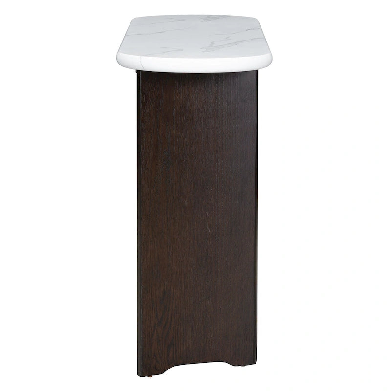 Consolle con piano in marmo ovale bianco/espresso/navy, divano con gambe curve e tavolo da ingresso