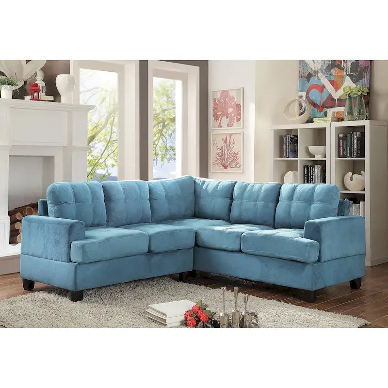 Divano sezionale a L in microfibra blu navy/acqua/grigio/vaniglia, 5 posti