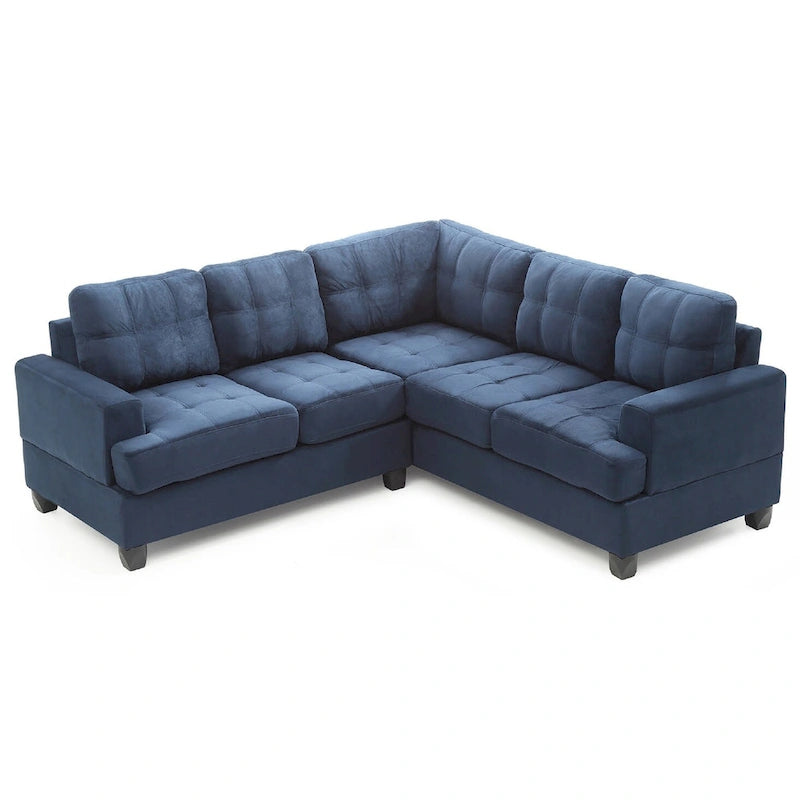 Divano sezionale a L in microfibra blu navy/acqua/grigio/vaniglia, 5 posti