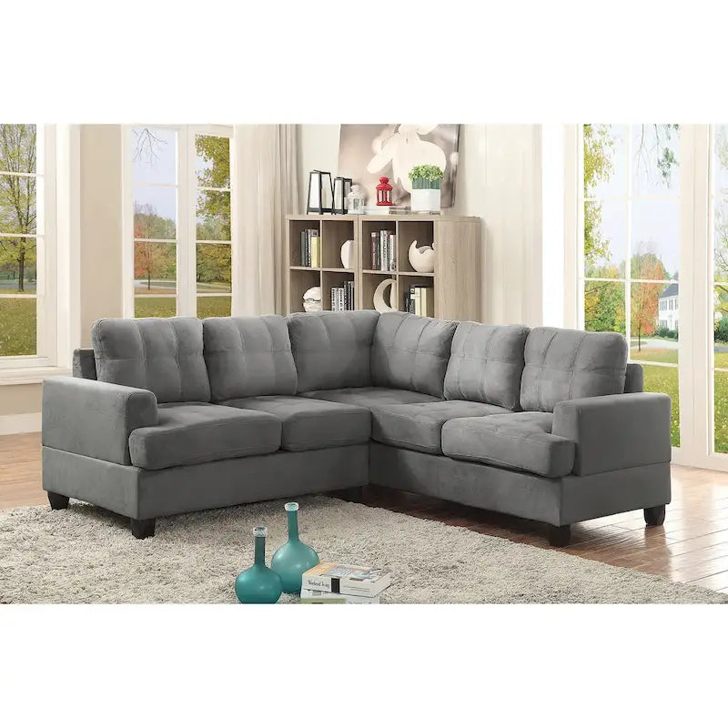 Divano sezionale a L in microfibra blu navy/acqua/grigio/vaniglia, 5 posti
