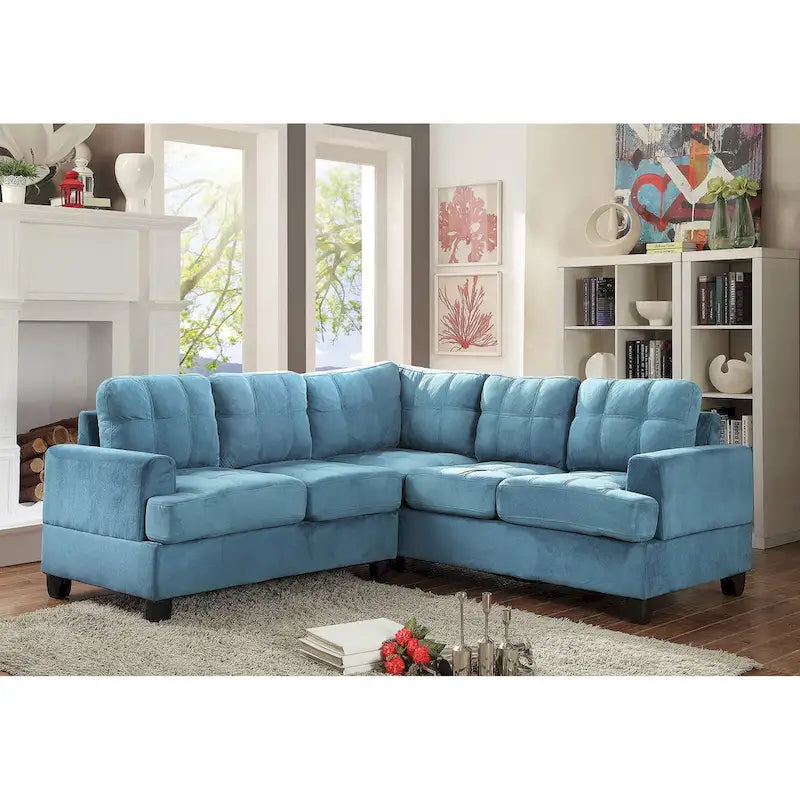 Divano sezionale a L in microfibra blu navy/acqua/grigio/vaniglia, 5 posti