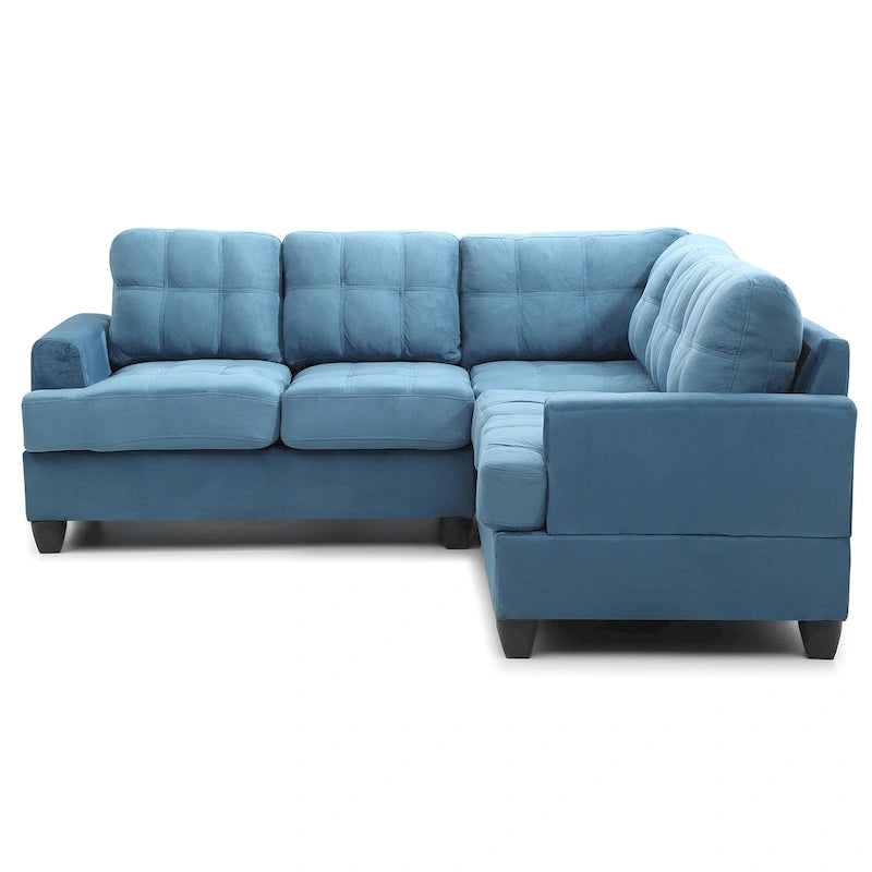 Divano sezionale a L in microfibra blu navy/acqua/grigio/vaniglia, 5 posti